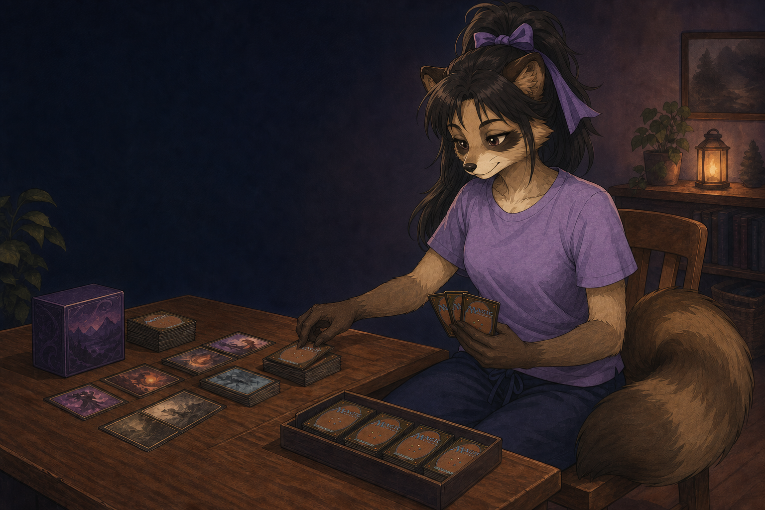 Kaoru Tanuki sorting Magic: The Gathering cards